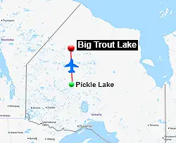 Map showing the route from Armstrong to Big Trout Lake